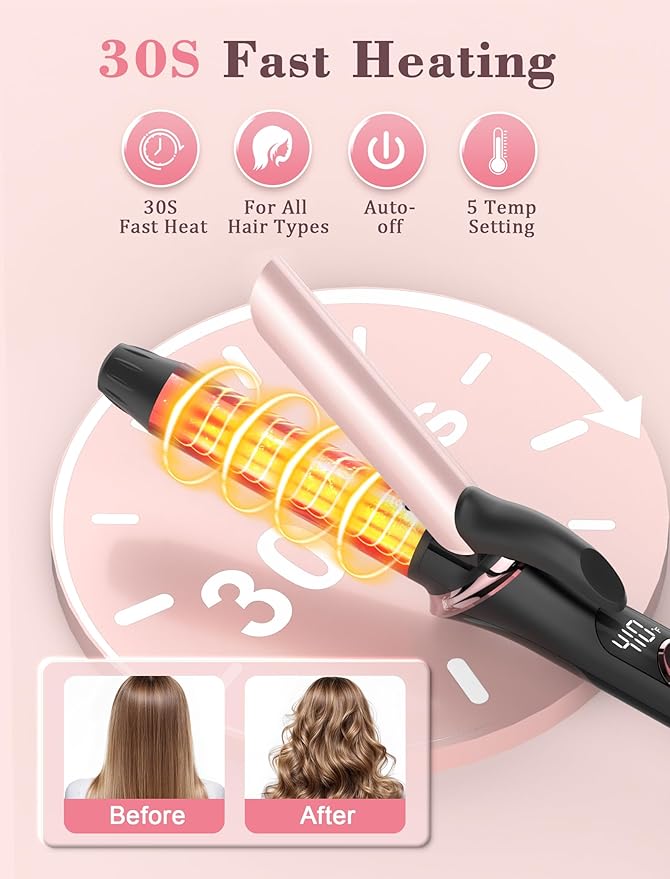 Travel Curling Iron 1 Inch, Dual Voltage Curling Iron 110-240V with European Plug,Small Curling Wand for Women & Short Hair, 5 Temp Digital Settings, Auto-Off, Anti-Scald Cover,Heat-Resistant pad