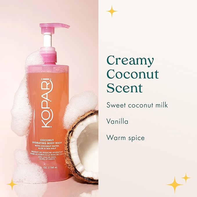 Kopari Jumbo Coconut Hydrating Body Wash with Organic Coconut Water, Sea Kelp and Aloe Vera, Luxurious Gel to Foam, Sweet Coconut & Vanilla, 25 oz