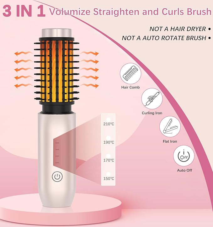 Cordless Hair Curling Iron Brush, Travel Hot Straightener Comb Curl Brush, 3-in-1 Portable Curling Iron Cordless Wand, USB Rechargeable Curling Wand-Blush(Gold)
