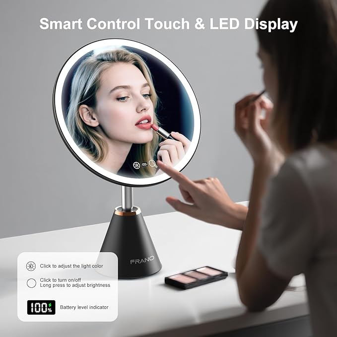 10.5" Professional Makeup Mirror with Lights, Rechargeable HD Vanity Mirror, CRI≥98 True-Sunlight, 3 Color Modes & Stepless Dimming, 5000mAh Battery, Ideal Gift for Women