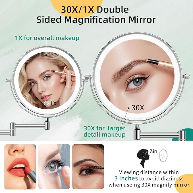 FUNTOUCH 5000mAh Rechargeable Wall Mounted Makeup Mirror with Lights,Double Sided 1X/30X Magnifying,3 Color Lights,Touch Dimmable, Extended Arm 360 Rotation Lighted Bathroom Mirror with Magnification