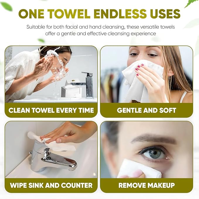 Disposable Face Towels – 100 Count (2 x 50 Boxes) XL 10”x12” Biodegradable Dry Wipes | Ultra Soft, Lint-Free, Dual-Texture Face Cloths | Chemical-Free, Fragrance-Free Facial Towels for Sensitive Skin