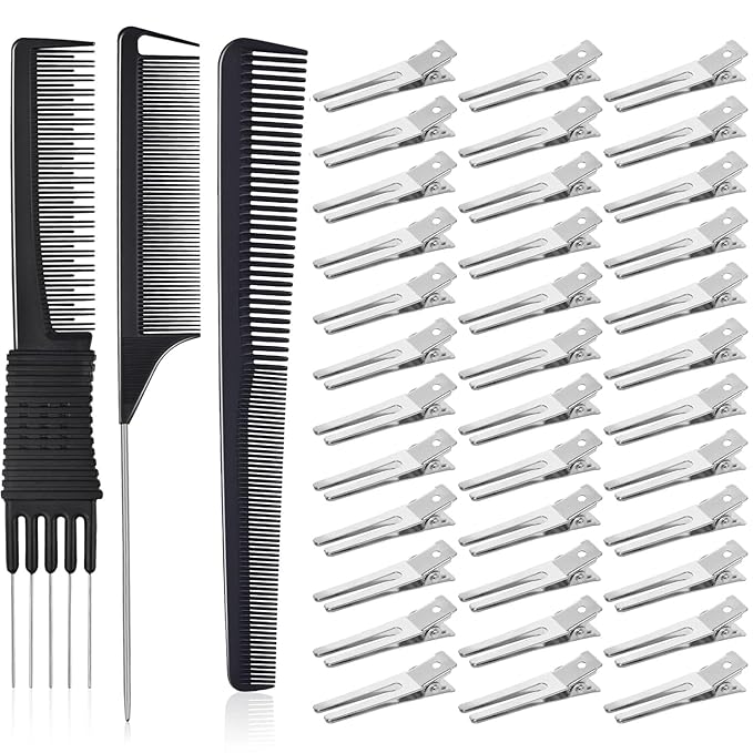 50Pcs Metal Hair Styling Clips, IKOCO No Crease Double Prong Hair Clips with 3 Parting Comb for Styling and Coloring