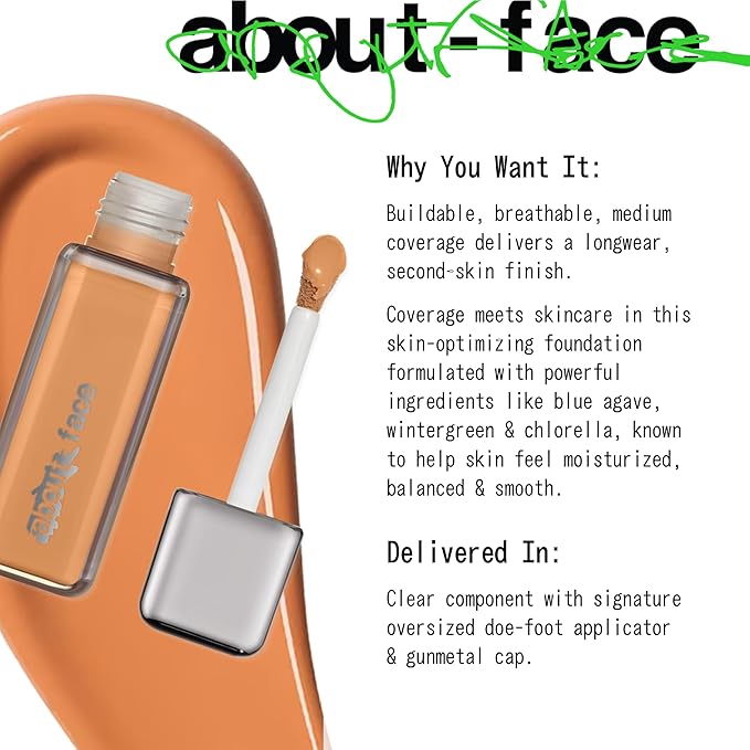 about-face THE PERFORMER Skin-Focused Foundation M3Peach – Medium Coverage, Long-Wear, Breathable & Buildable Base – Clean, Vegan, Hydrating Formula with Blue Agave & Chlorella – 1.08oz