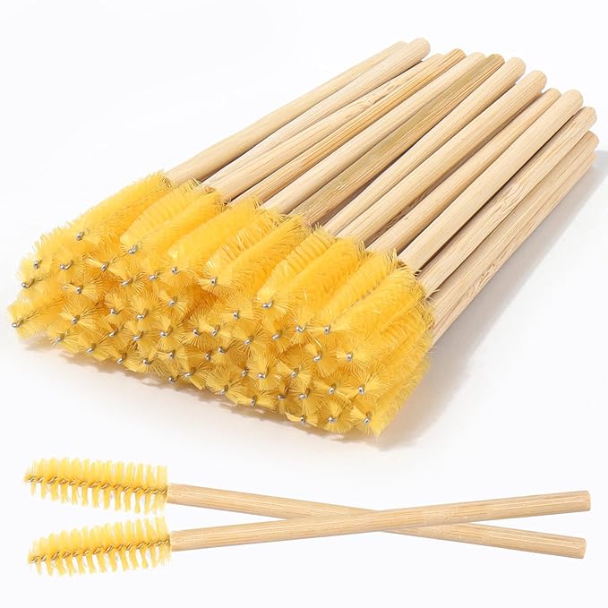 MyAoKuE-UP 100 Pack Bamboo Handle Mascara Wands Disposable Eyelash Brushes Eco-friendly Lash Extension Tool, Yellow
