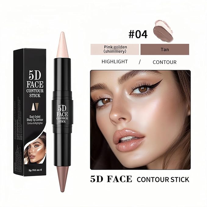 MAEPEOR 2-in-1 Contour Highlighter Stick Non-greasy and Non-drying Contour Pen Long Lasting Waterproof Face Brighten Contouring Makeup Pen (04 Pink Golden & Tan)