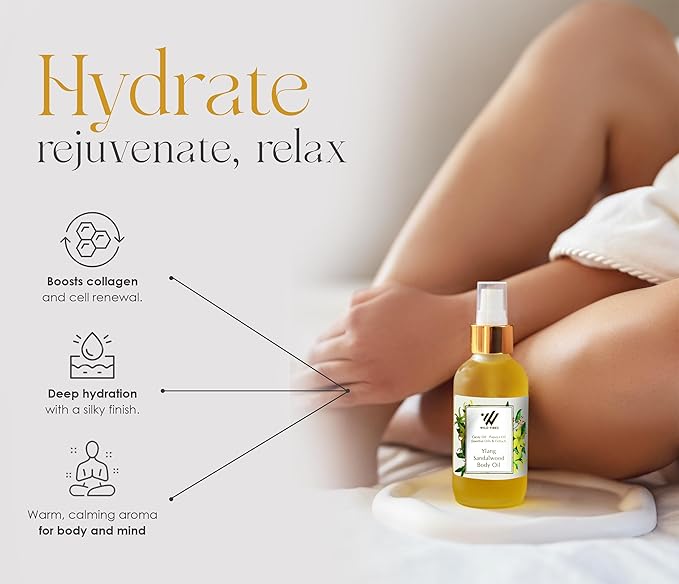 Wild Vibes Ylang Sandalwood + Amber Body Oil with Vitamin E for Women After Shower – Silky Botanical Blend with Jojoba, Papaya Seed & Cacay Oil – Fast-Absorbing Hydration for Smooth Skin 4oz