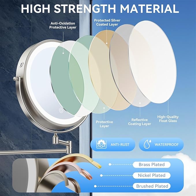 9'' 30X/1X Wall Mounted Lighted Makeup Mirror, 5000mAh Rechargeable Double-Sided Magnifying Mirror with Light, Vanity Mirror Touch Dimmable 3 Colors 360° Rotation Extended Foldable Arm, Power Adapter