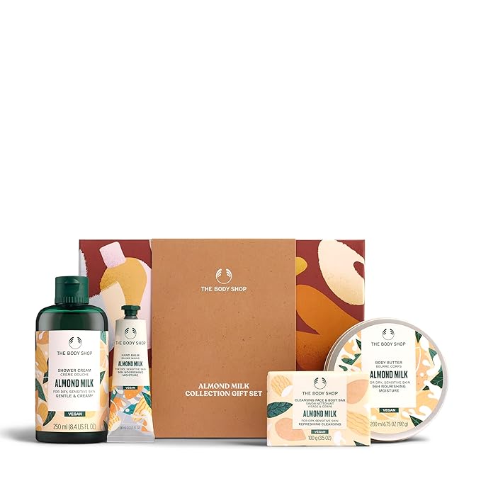 The Body Shop Almond Milk Collection Gift Set - 4 Piece Set, Shower Cream, Body Butter, Face & Body Bar, Hand Balm, Vegan