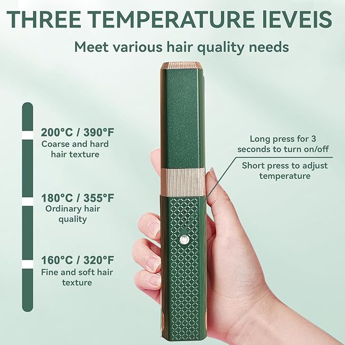 Cordless Hair Straightener, 2 in 1 Portable Mini Ceramic Flat Iron and Curler, USB-C Rechargeable Travel Straightener, Lock in Moisture & Shine, 3 Levels Adjustable (Green)