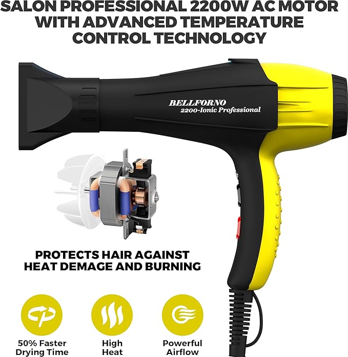 High-Power 2200W Ionic Hair Dryer - Fast-Drying, Constant Temperature Technology, AC Motor - Ideal for Curly Hair Care, Suitable for All Hair Types - HairDryer for Both Women and Men Black/Yellow