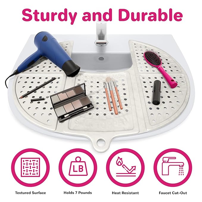 Sink Topper Bathroom Sink Cover for Counter Space & Storage Saver | RV Must Haves | Silicone Foldable Beauty Makeup Brush Cleaning Mat | Hot Tools Organizer | RV Sink Cover | Standard, Pearl