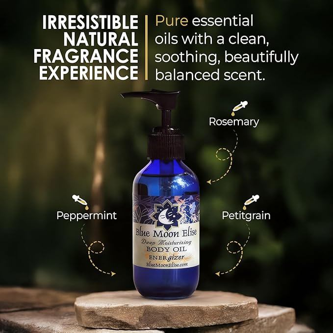 Blue Moon Elise Aromatherapy Body Oil - Hydrating Body Oil with Almond, Apricot & Coconut Oils - Scented with Pure Essential Oils for Women, Men & Dry Skin (Energizer 4 oz)