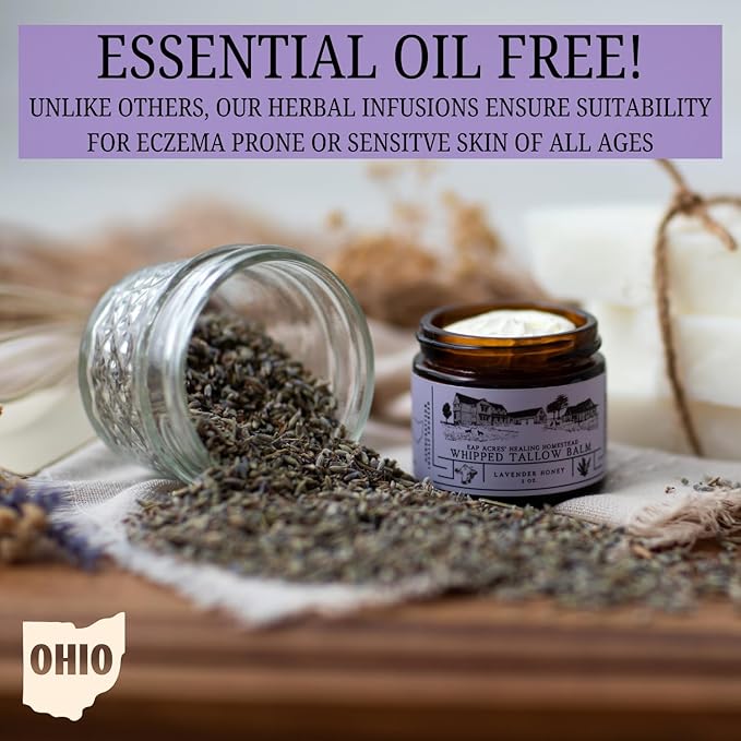Lavender Infused 100% Grass-Fed Whipped Tallow Balm & Organic Jojoba Oil, Face and Body Moisturizer for Dry, Sensitive Skin, Eczema, (Lavender Infused)