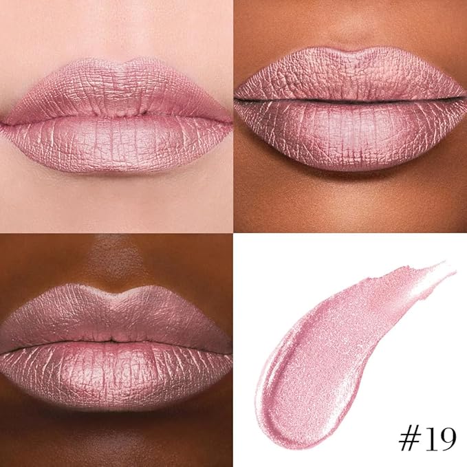 evpct Warm Pink Metallic Glitter Lip Liner and Lipstick Combo Set Long Lasting Waterproof, Metallic Shimmer Lip Gloss Stain Makeup for Women, Warm Pink Frosted Iridescent Glossy Liquid Lipstick 19