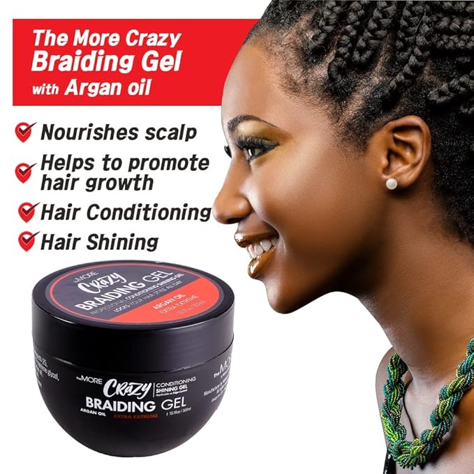 The MORE Crazy Conditioning Shining Braiding Gel, Extra Extreme Hold for All Hair Types, 10.1 Fl Oz, Clear Styling Gel, Nourishes Scalp, Hair Growth, Enriched with Argan Oil