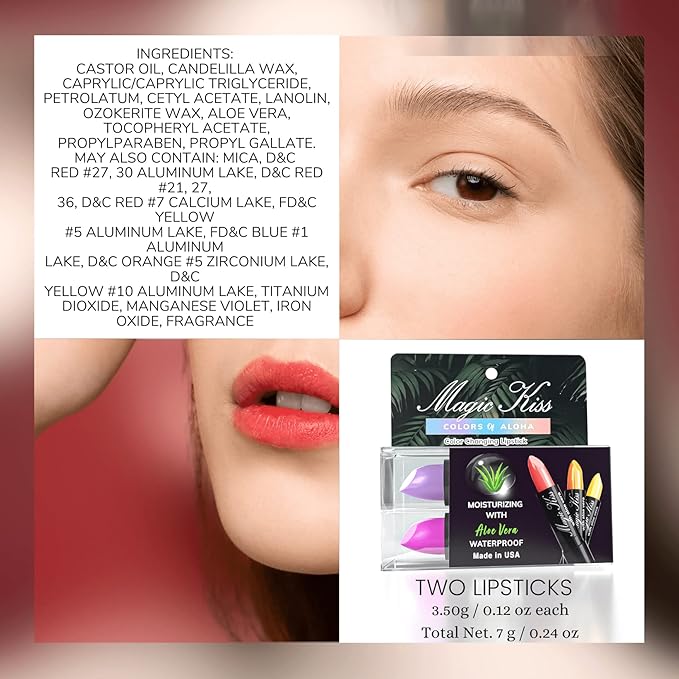 Magic Kiss Color Changing Matte Lipstick set, Long Lasting Nutritious Lips Moisturizer Magic Temperature Color Change Lip Balm with Aloe Vera PH Lipstick MADE IN USA (2 Pack - Magenta & Lavender)