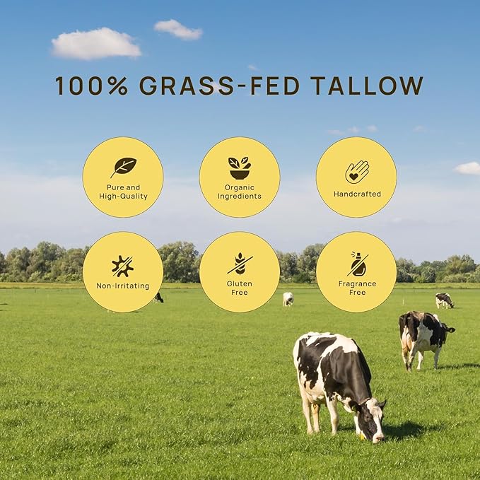 Grass-Fed Beef Tallow for Skin: Organic Whipped Tallow and Honey Balm - Face Moisturizer & Body Cream - Deep Hydrating & Nourishing - Raw Wild Honey, Beeswax, & Vitamin E, 2.3 Oz