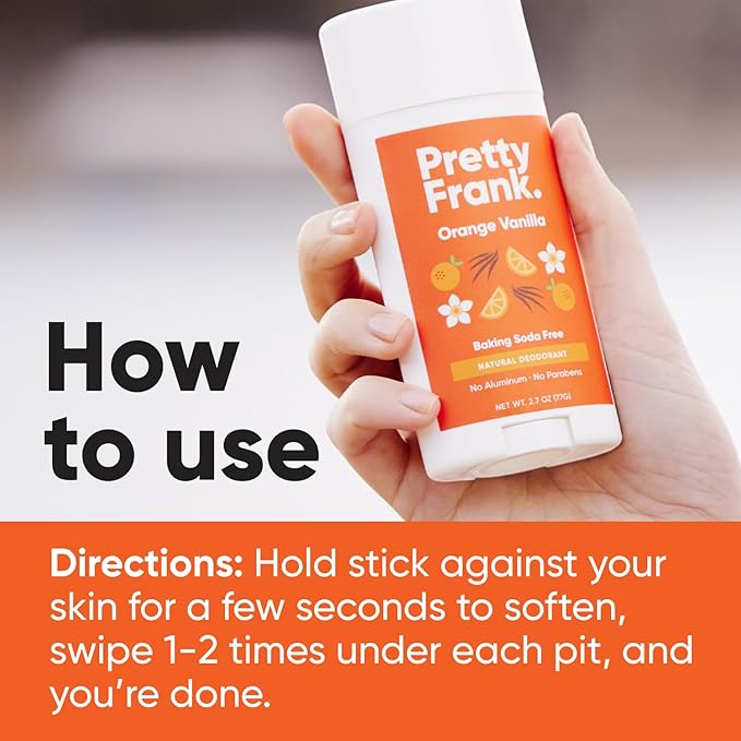Pretty Frank Natural Aluminum-Free Deodorant Stick, Baking Soda-Free, Orange Vanilla (2-Pack) | Sensitive Skin Friendly, Effective Odor Control for Women & Men, Organic Ingredients and Essential Oils