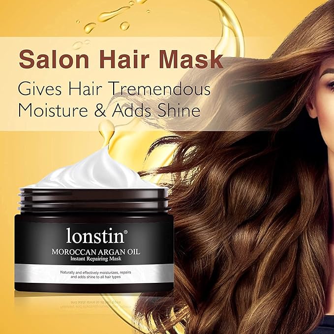 lonstin Hair Treatment Mask, Argan Oil Hair Mask Deep Conditioner Keratin Hair Mask Treatment for Dry Damaged Hair, Anti-Frizz & Split Ends, Hydrating Hair Repair Mask for Men Women, 10.14 Fl Oz