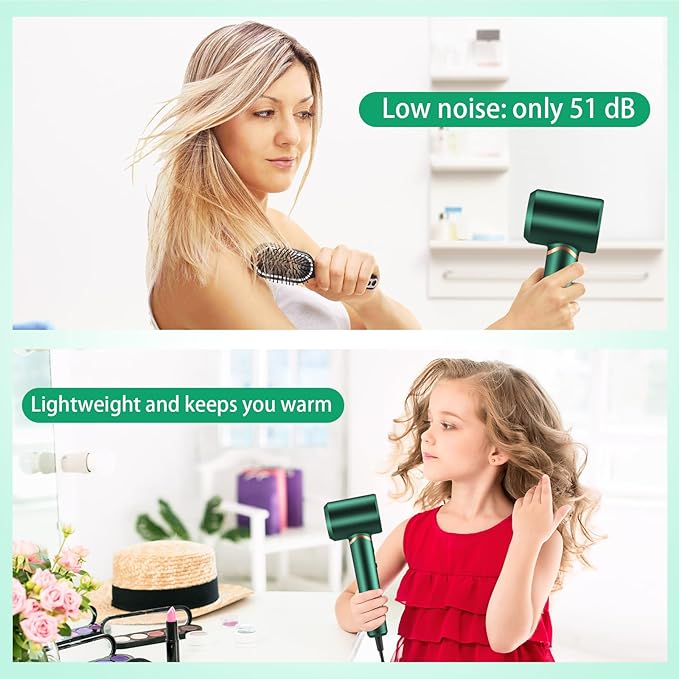 Hair Dryer Negative Ionic Blow Dryer for Fast Drying,Low Noise,Thermo Control Hair Dryer 2 Speed and 3 Heat Settings,Cold Air Button with 1 Diffuser 110000 RPM High Speed Brushless Motor (Green)