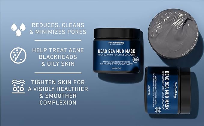 New York Biology Dead Sea Mud Mask for Face and Body with Stem Cell and Collagen - Spa Quality Pore Reducer for Acne, Blackheads and Oily Skin, Natural Skincare - Tightens Skin - 4 oz - Pack of 2