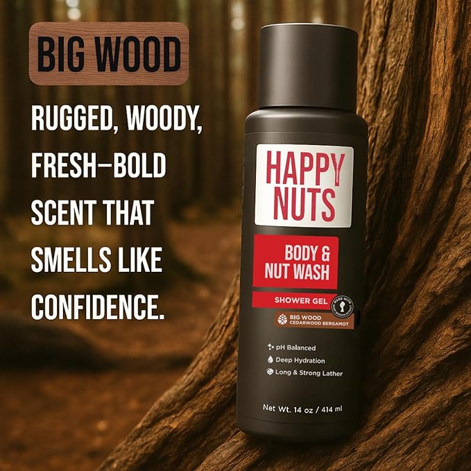 HAPPY NUTS Big Wood Body and Nut Wash - Moisturizing Men's Shower Gel, Bodywash with Deep Cleanse for Sensitive Skin - Men's Body Soap