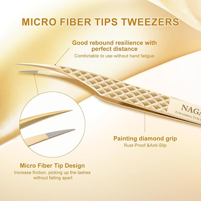 NAGARAKU Precision Fiber Tip Grip Tweezer for Eyelash Extensions Diamond Handle Anti-Static Anti-Slip Premium Gold Stainless Steel Eyelashes Curved Tweezers Supplies with Box(Dolphin Tweezer AG-05)