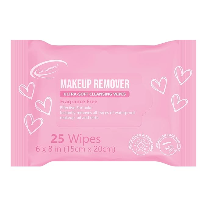 Air Jungles Makeup Remover Wipes 25 Count, Alcohol-Free & Fragrance-Free, Extra Large Facial Towelettes for Face & Eyes, Removes Waterproof Makeup, Infused with Vitamin E
