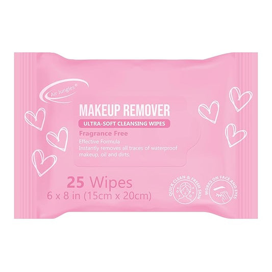 Air Jungles Makeup Remover Wipes 25 Count, Alcohol-Free & Fragrance-Free, Extra Large Facial Towelettes for Face & Eyes, Removes Waterproof Makeup, Infused with Vitamin E