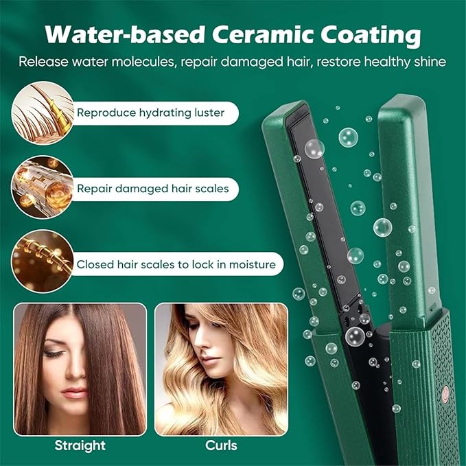 Cordless Hair Straightener, 2 in 1 Portable Mini Ceramic Flat Iron and Curler, USB-C Rechargeable Travel Straightener, Lock in Moisture & Shine, 3 Levels Adjustable (Green)