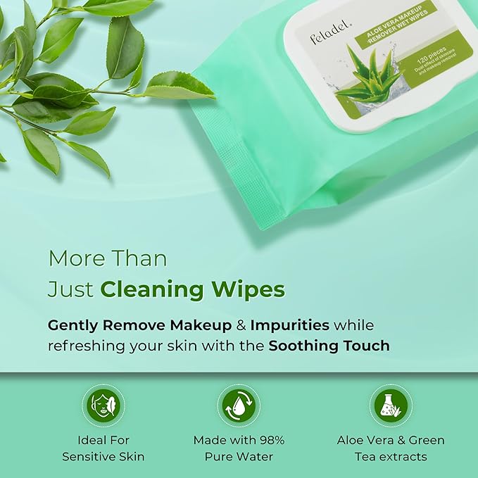 Feladel Aloe Vera Makeup Remover Wipe, 120pcs Gentle & Hydrating Face Wipes With Aloe Extract | Soft, Non-Irritating Cleansing Wipes for All Makeup Types & Daily Use