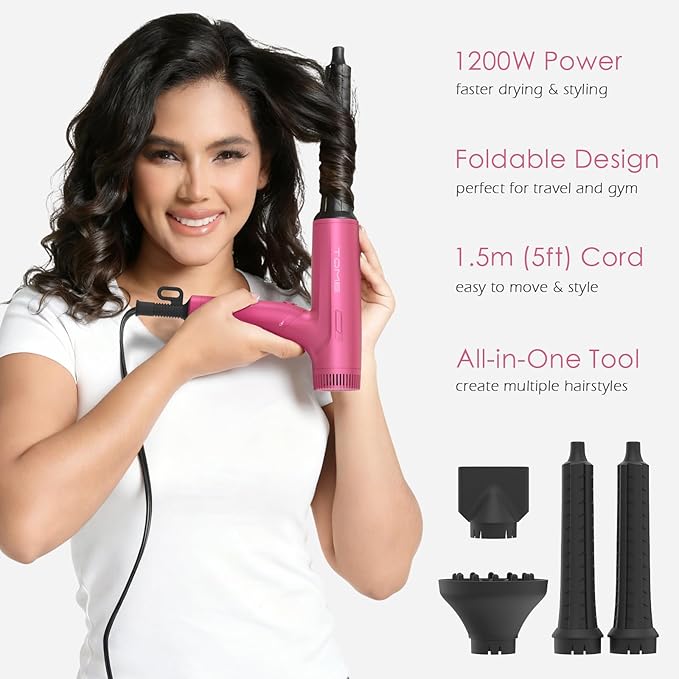 TOME 1200W Hair Dryer Travel Dual Voltage 120V/240V Foldable Blow Dryer with Diffuser Comb Nozzle Storage Bag Universal Power Adapter (Hot Pink)