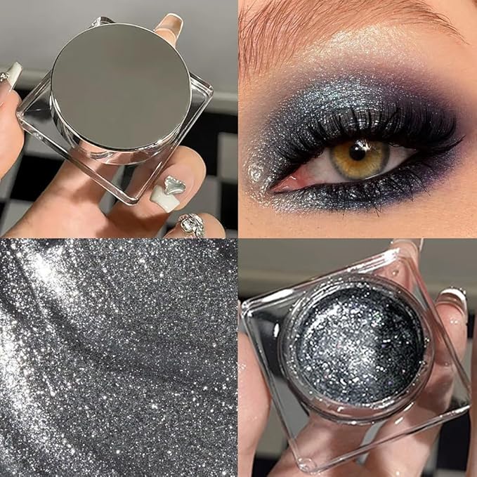Single Cream Glitter Eyeshadow, Shimmer Eyeshadow Palette, Korean Eye Glitter Makeup, Ultra-Blendable, Sparkle Silver Eye Shadow, Single Shade Metallic Pigmented (Black)