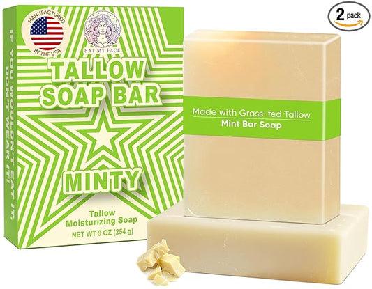 Eat My Face 2-Pack Beef Tallow Soap Bar Grass Fed | Organic Natural Body Wash Soap Bar for Women & Men | Moisturizing Tallow Cleanser for All Skin Types | Nourishing with Minty Scent