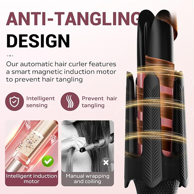 Auto Rotating Hair Curler - 4 Temperature and Timer Settings, Automatic Curling Iron with Automatic Shut-Off, Anti-Tangle and Scalding, Curling Wand for Long Lasting Curls (Black)