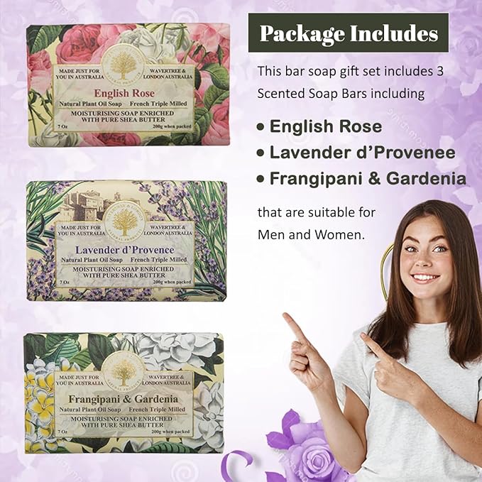 Wavertree & London Trio Gift Box (3 Bars) - 7oz Lavender, English Rose, Frangipani Gardenia Scented Moisturizing Triple Milled Natural Soap Bars - Pure Plant Oil Soap Bars for All Skin Types