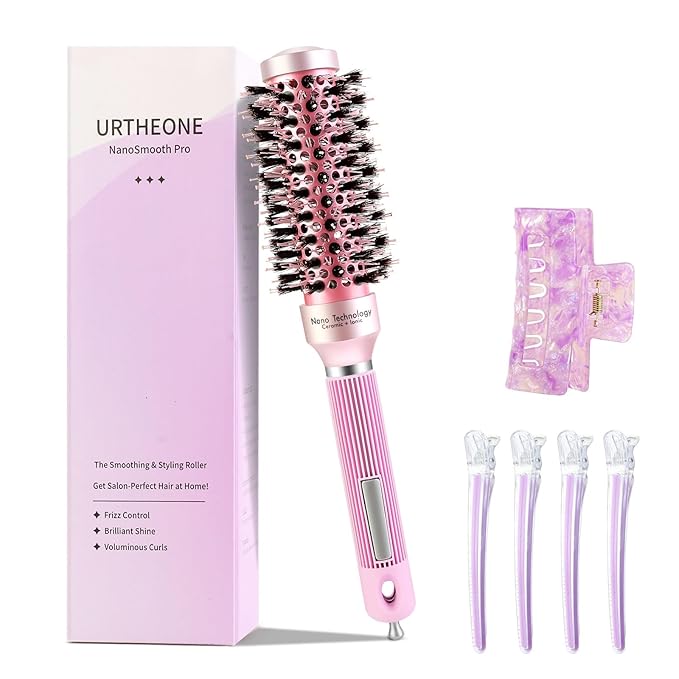 URTHEONE Round Hair Brush for Women Blow Drying, Ceramic Ionic Styling Tool with Mixed Bristles and Hair Clips, for Smooth and Voluminous Styles on Short Bangs Hair (1.3 Inch)