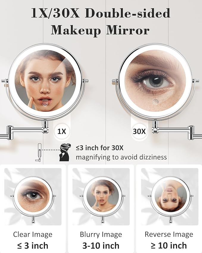 30X/1X Wall Mounted Lighted Makeup Mirror, 9'' Height Adjustable Double Sided 5000mAh Rechargeable Magnifying Bathroom Mirror with Light, 3 Color Modes Touch Dimmable Extended Arm 360 Rotation