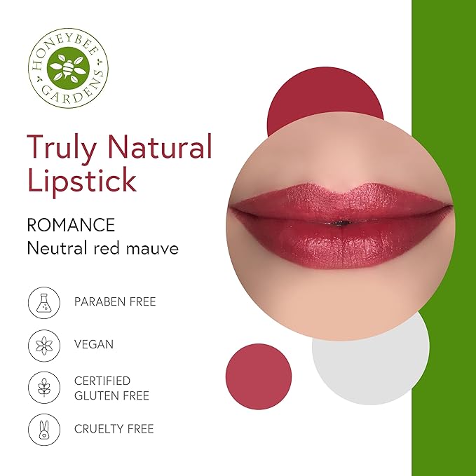 Honeybee Gardens Truly Natural Long Lasting Lipstick, Romance, Medium Neutral Mauve with Red Undertones, Naturally Hydrating & Nourishing, Vegan, Gluten-Free & Cruelty-Free, 0.11 oz / 3 g