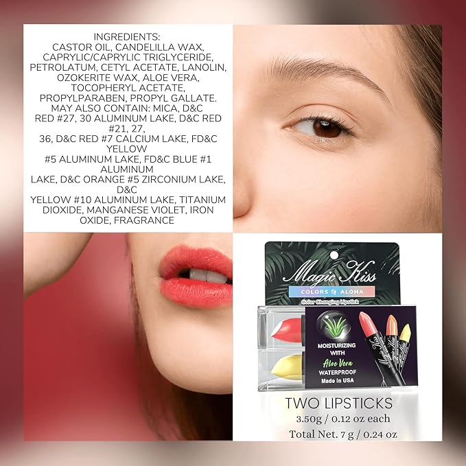 Magic Kiss Color Changing Matte Lipstick set, Long Lasting Nutritious Lips Moisturizer Magic Temperature Color Change Lip Balm with Aloe Vera PH Lipstick MADE IN USA (2 Pack - Yellow & Red)