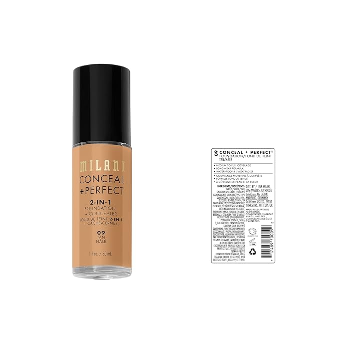 Milani Conceal + Perfect 2-in-1 Foundation + Concealer for a Flawless Complexion, Under Eye Corrector, Cover Redness and Imperfections, Waterproof and Sweatproof - Tan