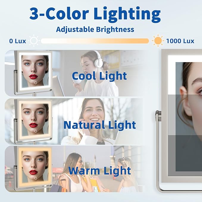 Ruacq Rechargeable Wall Mounted Makeup Mirror with Lights, Double Sided 1X/7X Magnifying Vanity Mirror with 3 Color Lights, Touch Screen Dimmable, 360° Rotation Extension Foldable (Brushed Nickel)