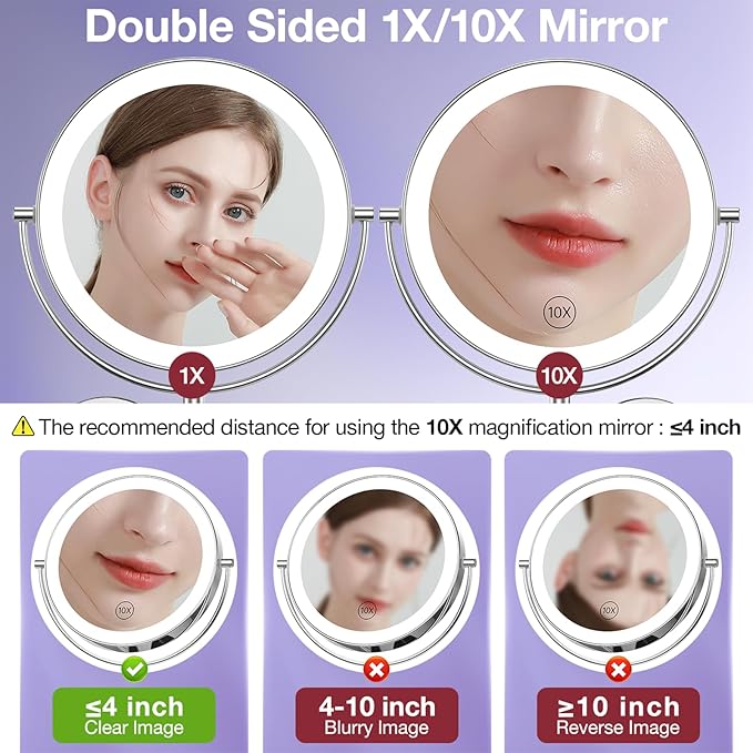 Benbilry 9" Large Size Wall Mounted Lighted Makeup Vanity Mirror, 1X/10X Magnifying 2-Sided AC Plug-in Powered Bathroom Mirror, 360° Swivel 13 Inch Extendable Arm, Chrome