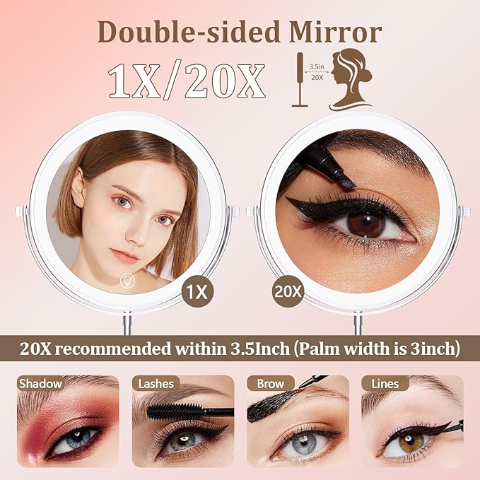 Unimiro 9inch Makeup Mirror with Lights, 1x/20x 5000mAh Makeup Mirrors with Light and Magnification, 360° Rotate Makeup Mirror with Lights and Magnification, 3 Color, 80 LEDs, Stepless Dimmable