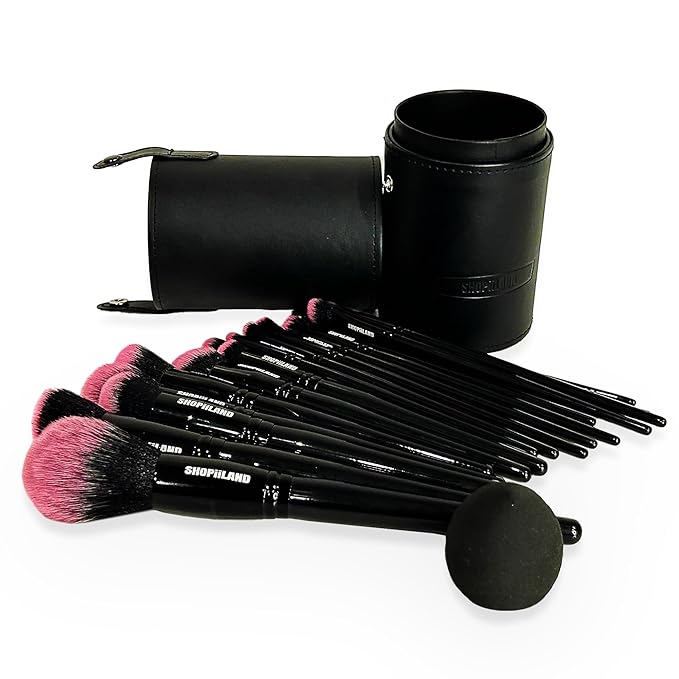 18-Piece Vegan Makeup Brush Set – Black & Pink Case, Soft Synthetic Bristles, Cruelty-Free, Ideal for Liquid, Powder, Cream & Bronzer; Includes Kabuki, Blender, Blush & Eyeshadow Brushes