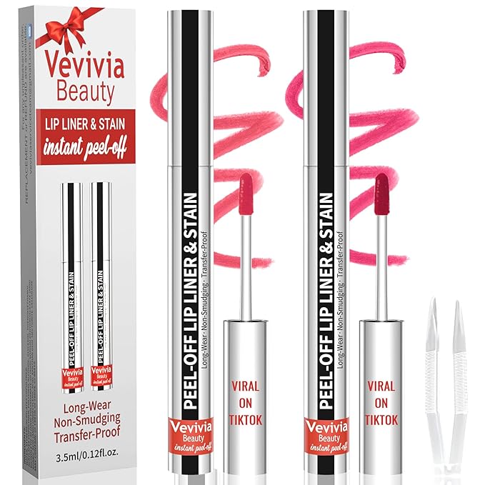 2pcs Lip Stain Peel Off - Lip Liner Stain Long Lasting Waterproof,2-in-1 Lip Liner with Tweezer Nude Matte,Non-Stick Cup,Highly Pigmented，Natural Finish,Stay On All Day,Perfect for Gift (Nude+Rose)