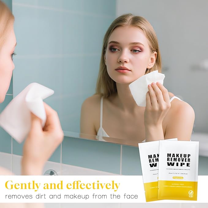 Pack of 100 Makeup Remover Wipes Individually Wrapped,Chamomile Scent,Face Cleansing Wipes Bulk, Travel Towelette Makeup Remover Cloth for Face Cleansing Skin Care Remove Makeup