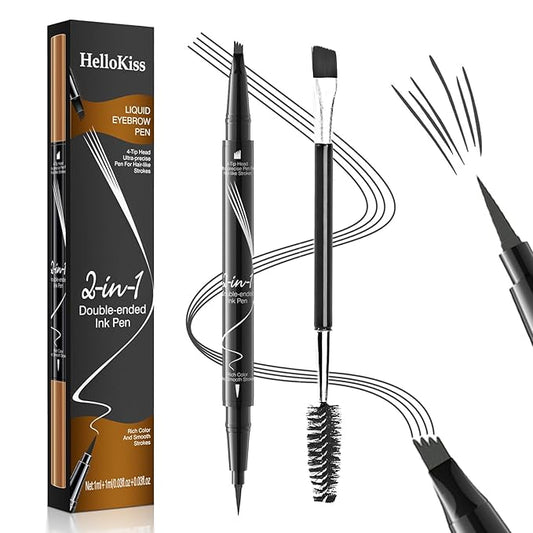 Eyebrow Pen, 2-in-1 Dual-Ended Microblading Eyebrow Pencil, Magical Faux Brow Pen with 4-Fork-Tip & Precise Brush-Tip Create Natural Hair-Like Brow, Waterproof, Stay on All Day, Grey