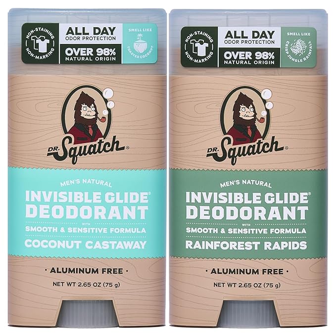 Dr. Squatch Invisible Glide Deodorant – Natural Smooth Roll On, No Stains, Aluminum Roll & Dermatologist-Tested Formula Suits Sensitive Skin – Coconut Castaway + Rainforest Rapids, 2.65oz (2-Pack)